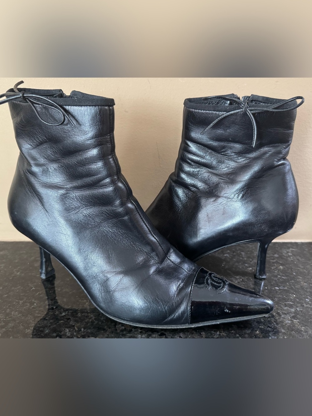 Size 8.5 CHANEL Women’s Black Leather Pointed-Toe Ankle Boots with Patent Cap